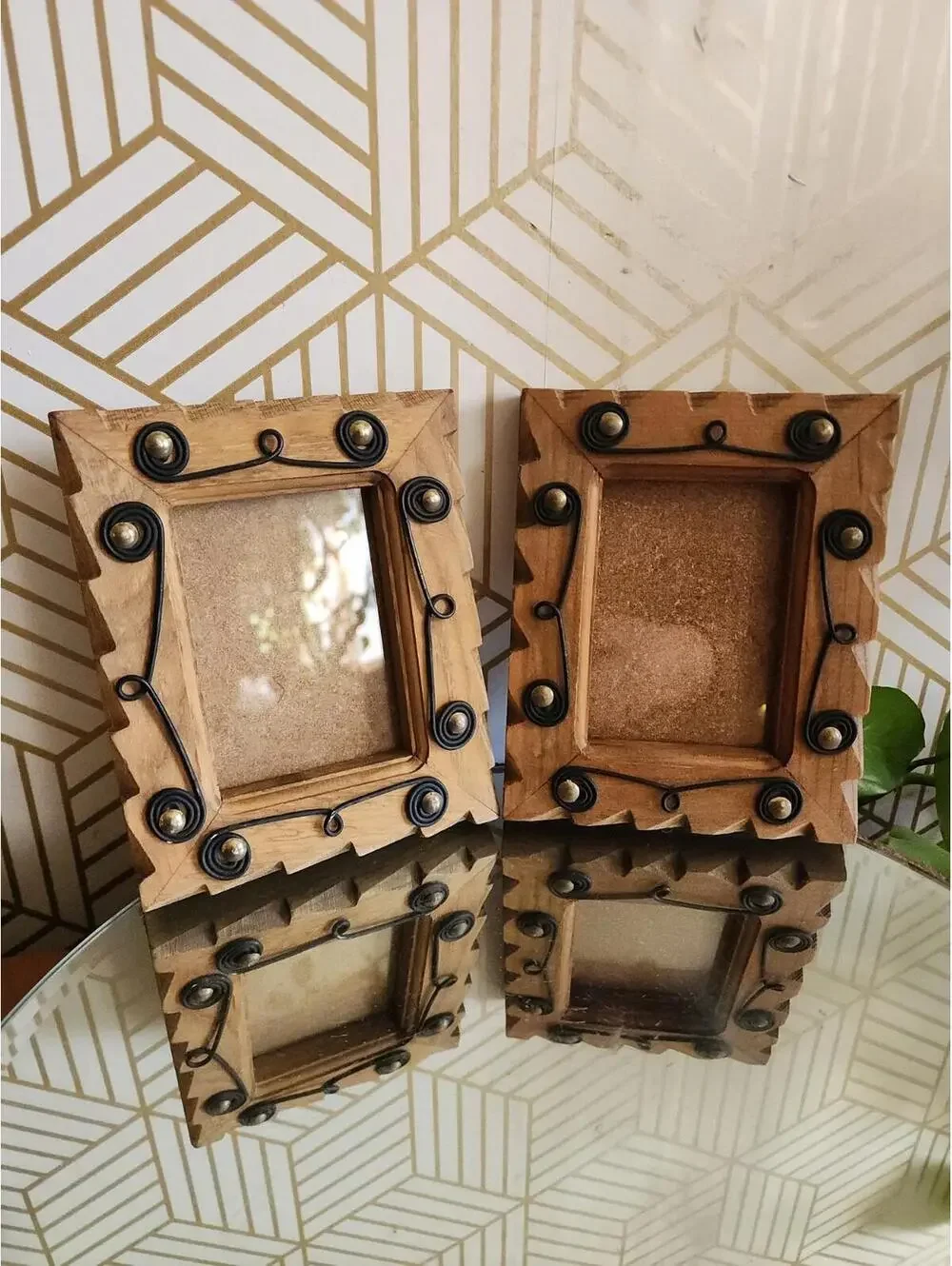 Vintage Handmade Wooden Rustic Photo Frames With Wire Scrolling - Pair 5